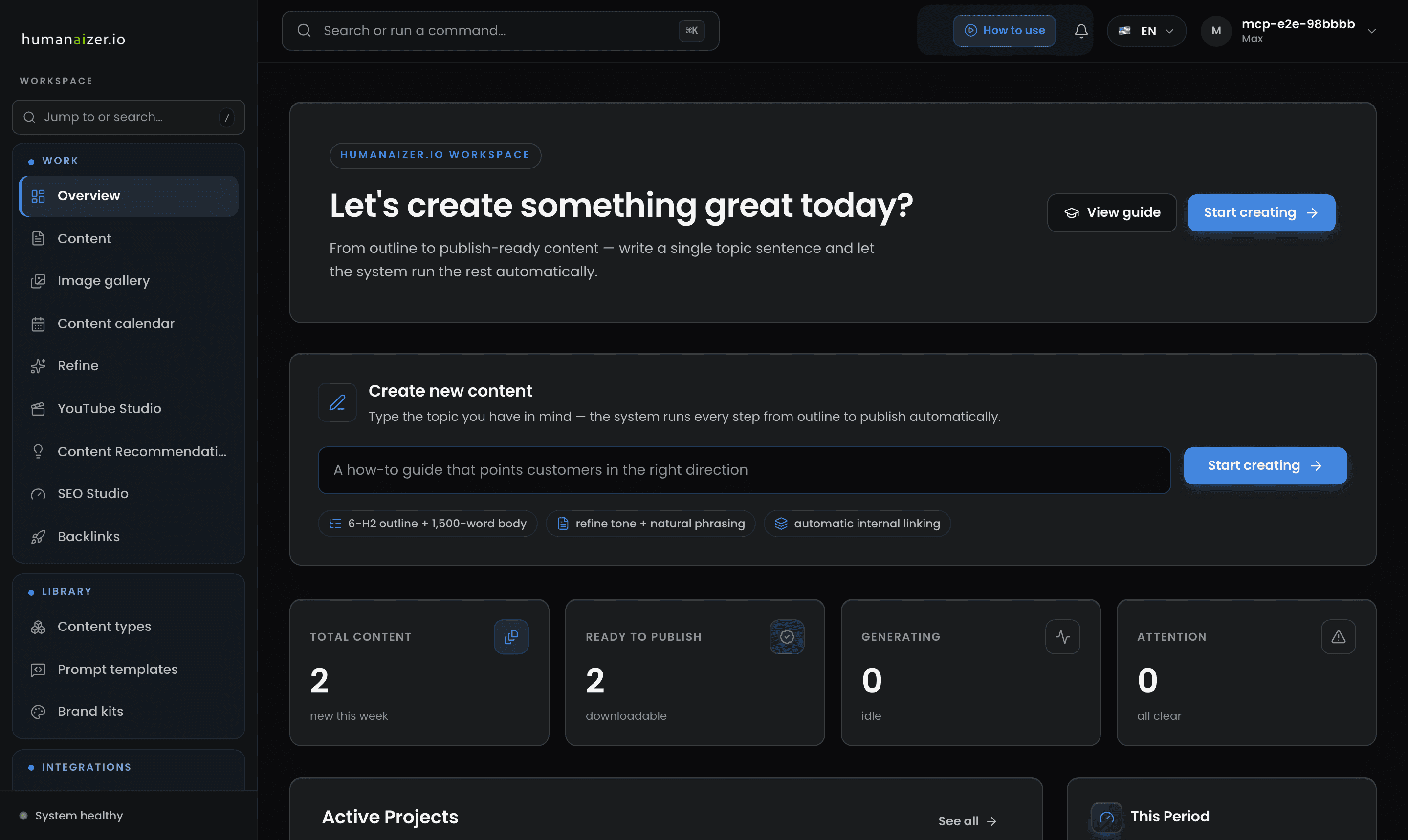Humanaizer dashboard